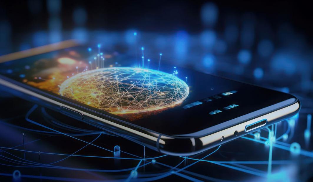 Smartphone displaying a glowing digital globe with network connections, symbolizing global connectivity, on a dark, futuristic background.